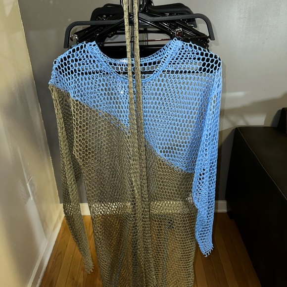 ZARA blue beige fishnet sheer long sleeve beach cover up dress - Picture 3 of 5